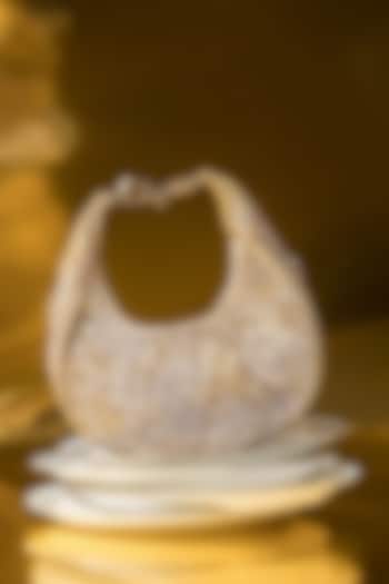 Dark Gold Velvet Crystal Work Moon-Shaped Bag by House of BIO by Ritti Khanna at Pernia's Pop Up Shop