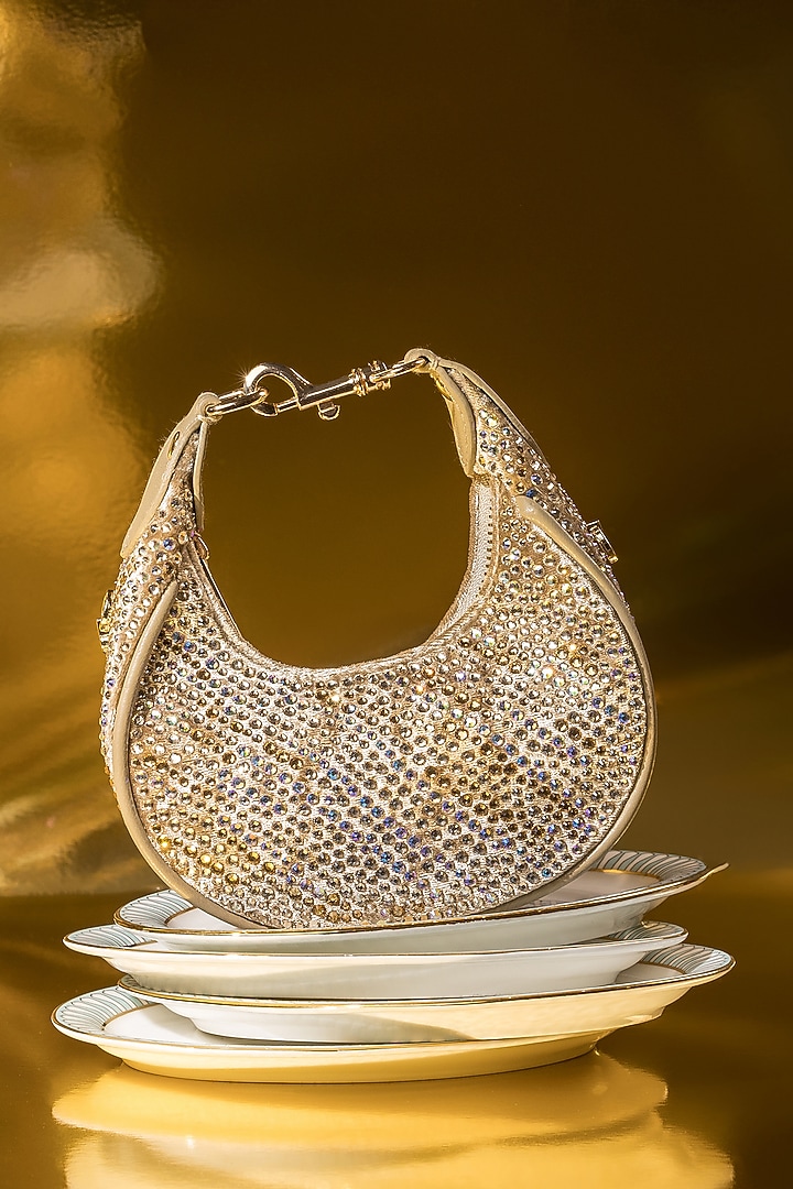 Dark Gold Velvet Crystal Work Moon-Shaped Bag by House of BIO by Ritti Khanna at Pernia's Pop Up Shop