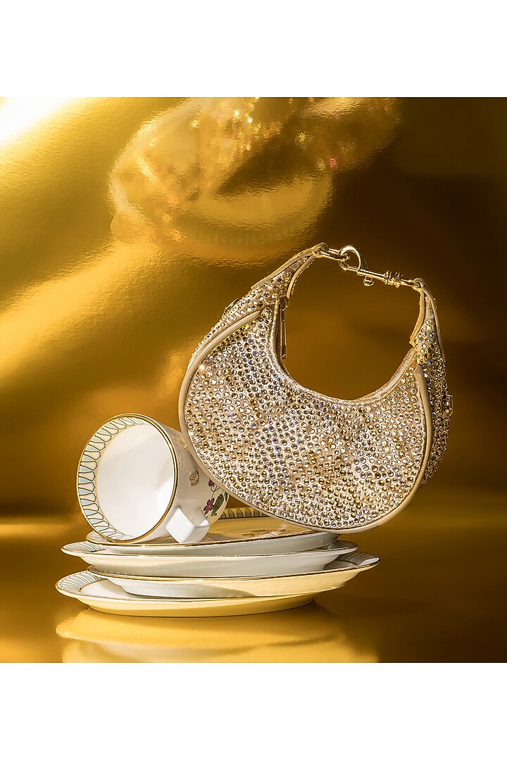 Dark Gold Velvet Crystal Work Moon-Shaped Bag by House of BIO by Ritti Khanna at Pernia's Pop Up Shop