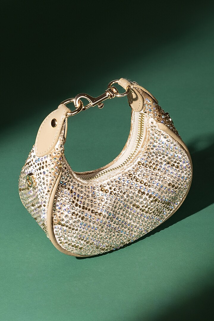 Dark Gold Velvet Crystal Work Moon-Shaped Bag by House of BIO by Ritti Khanna at Pernia's Pop Up Shop