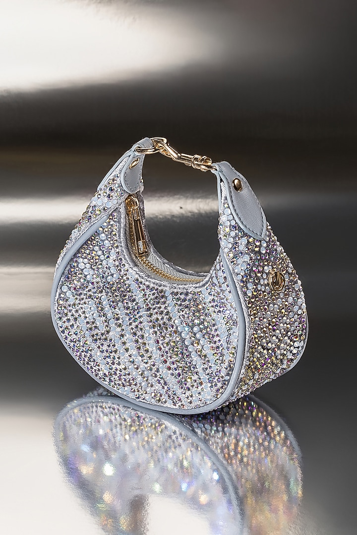 Silver Velvet Crystal Work Moon-Shaped Bag by House of BIO by Ritti Khanna at Pernia's Pop Up Shop