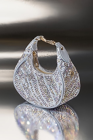 Silver Velvet Crystal Work Moon-Shaped Bag by House of BIO by Ritti Khanna