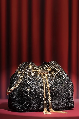 Black Velvet Crystal Work Bucket Bag by House of BIO by Ritti Khanna
