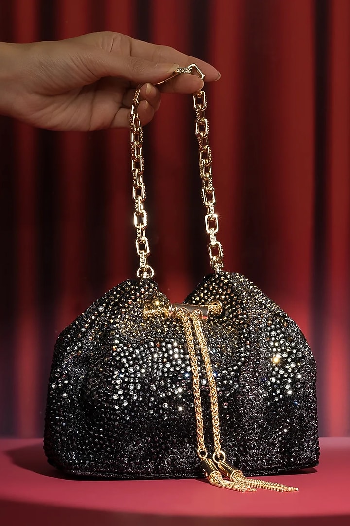 Black Velvet Crystal Work Bucket Bag by House of BIO by Ritti Khanna at Pernia's Pop Up Shop