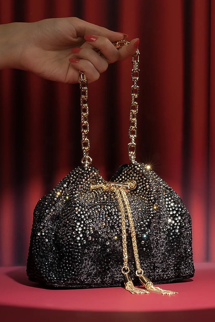 Black Velvet Crystal Work Bucket Bag by House of BIO by Ritti Khanna at Pernia's Pop Up Shop