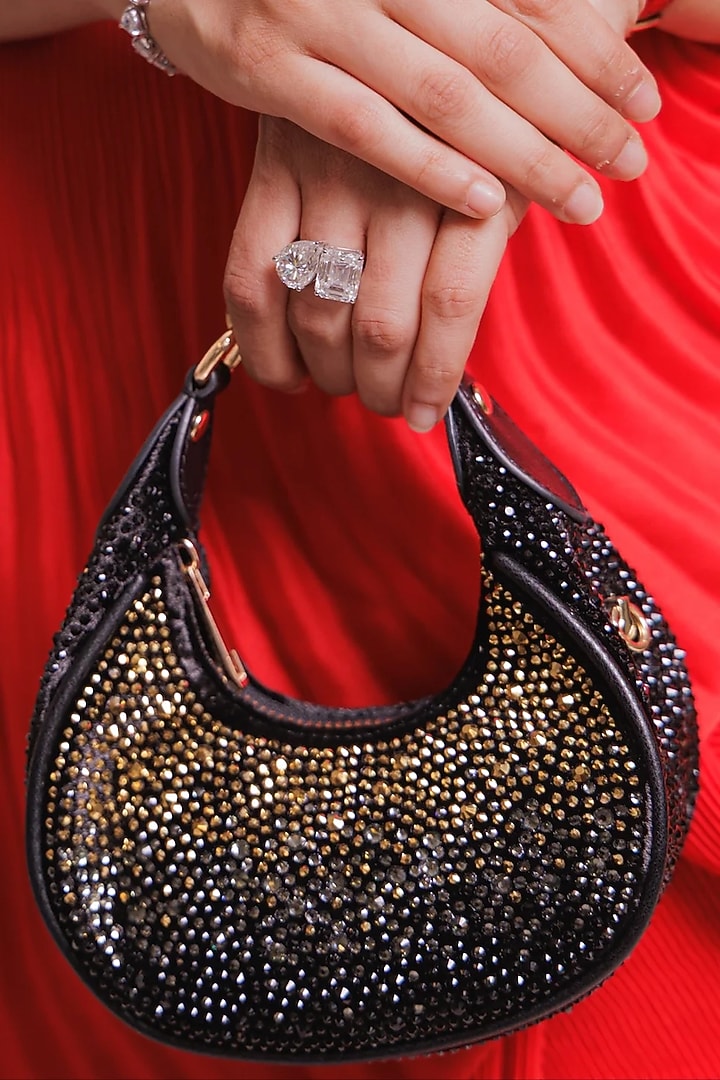 Black Velvet Crystal Work Moon-Shaped Bag by House of BIO by Ritti Khanna at Pernia's Pop Up Shop