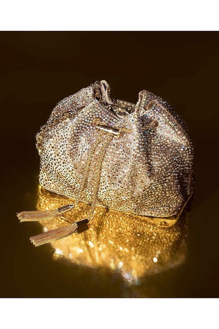 Gold Velvet Crystal Work Bucket Bag by House of BIO by Ritti Khanna at Pernia's Pop Up Shop