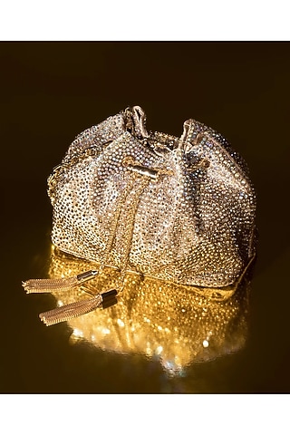 Gold Velvet Crystal Work Bucket Bag by House of BIO by Ritti Khanna