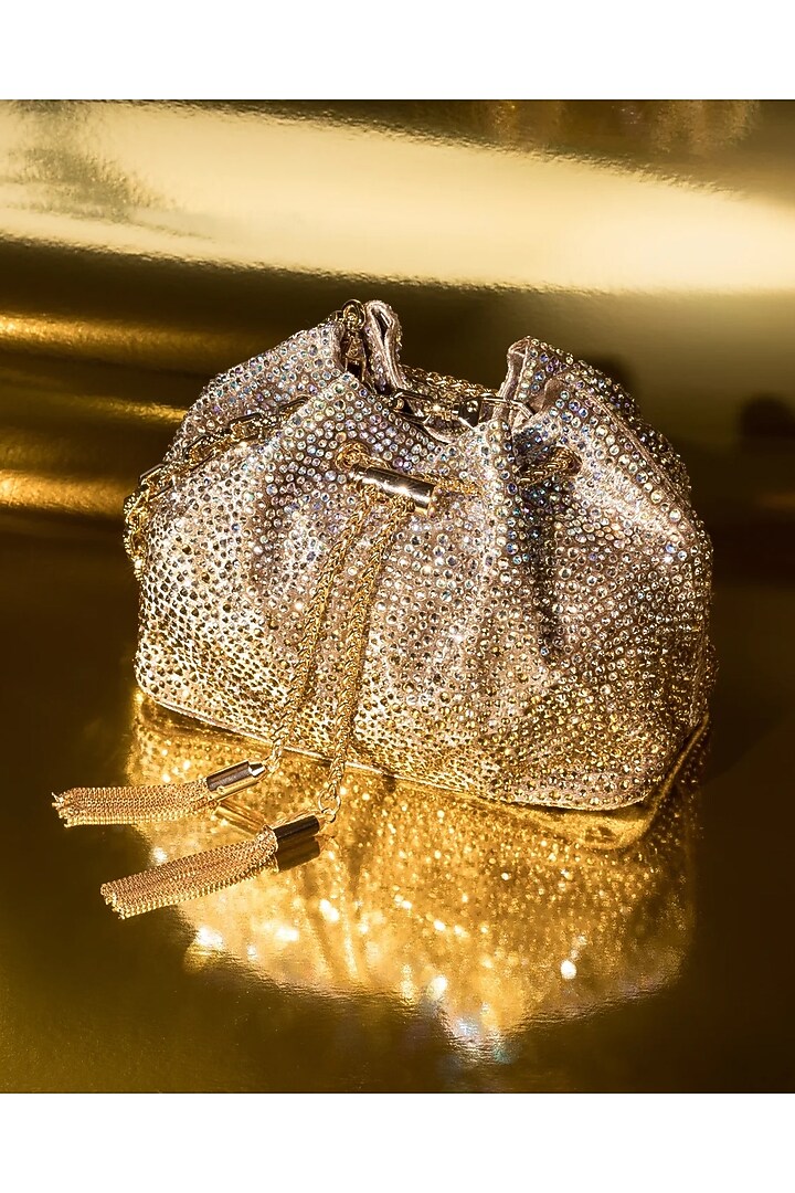 Gold Velvet Crystal Work Bucket Bag by House of BIO by Ritti Khanna at Pernia's Pop Up Shop