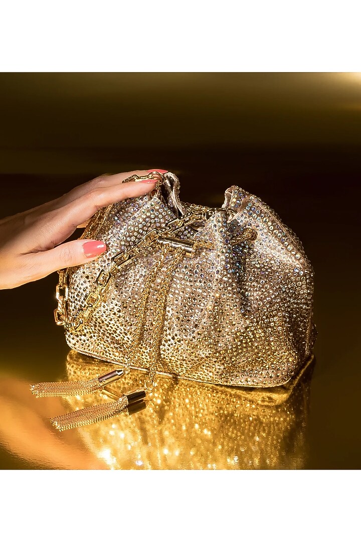 Gold Velvet Crystal Work Bucket Bag by House of BIO by Ritti Khanna at Pernia's Pop Up Shop