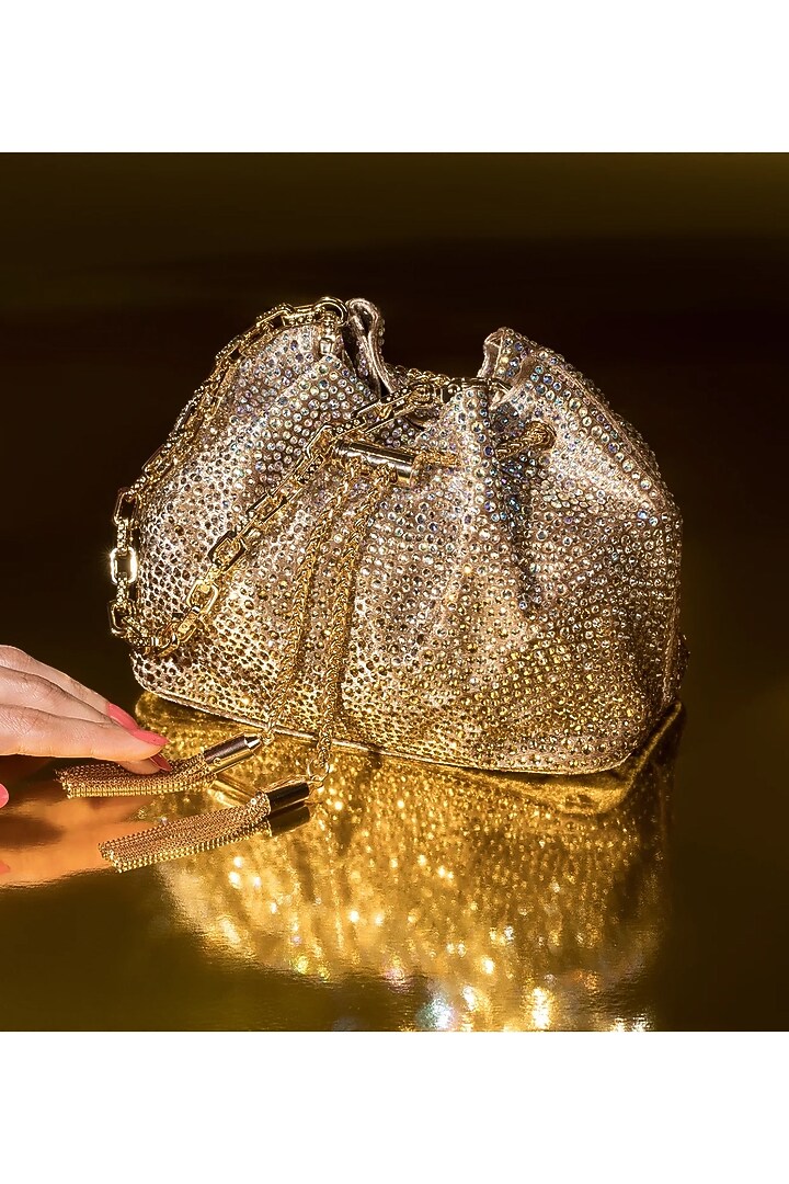 Gold Velvet Crystal Work Bucket Bag by House of BIO by Ritti Khanna at Pernia's Pop Up Shop