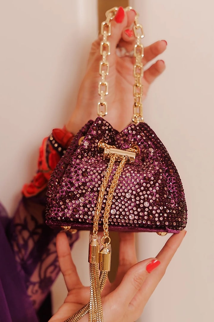 Violet Velvet Crystal Work Bucket Bag by House of BIO by Ritti Khanna at Pernia's Pop Up Shop