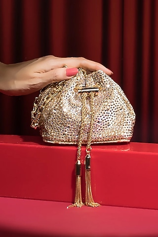 Gold Velvet Crystal Work Bucket Mini Bag by House of BIO by Ritti Khanna