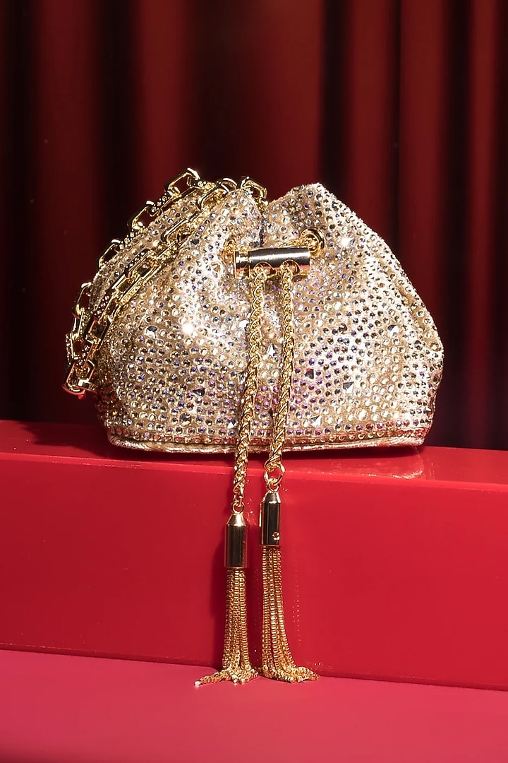 Gold Velvet Crystal Work Bucket Mini Bag by House of BIO by Ritti Khanna at Pernia's Pop Up Shop