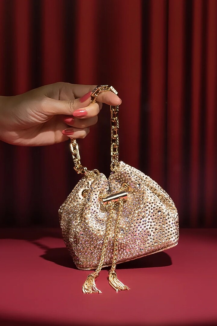 Gold Velvet Crystal Work Bucket Mini Bag by House of BIO by Ritti Khanna at Pernia's Pop Up Shop