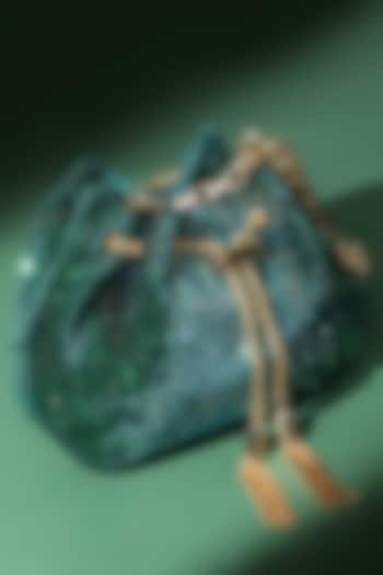 Green Velvet Crystal Work Bucket Bag by House of BIO by Ritti Khanna at Pernia's Pop Up Shop