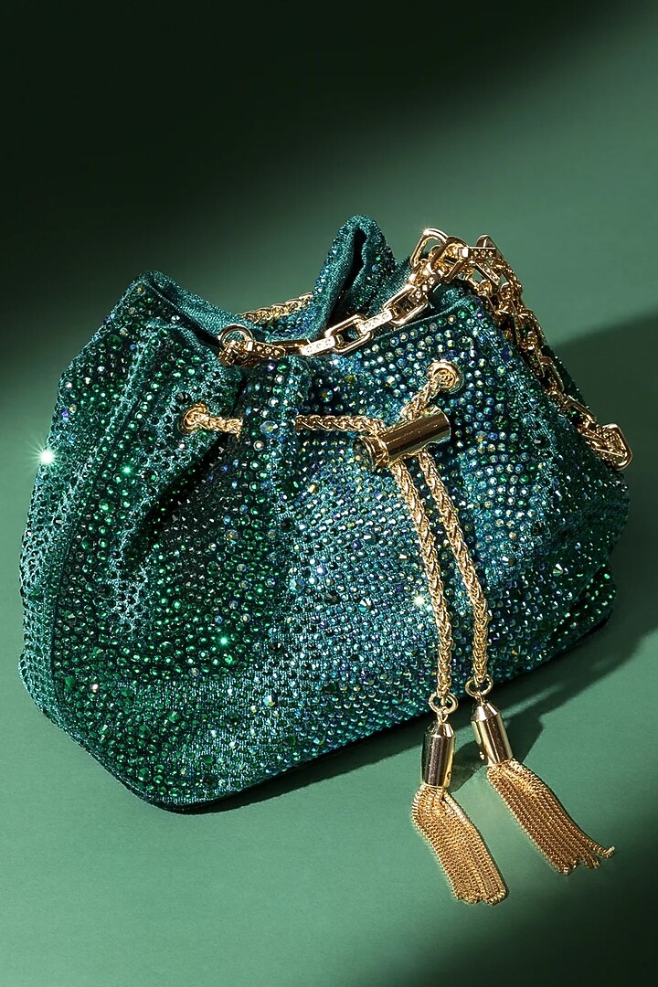 Green Velvet Crystal Work Bucket Bag by House of BIO by Ritti Khanna at Pernia's Pop Up Shop