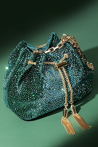 Green Velvet Crystal Work Bucket Bag by House of BIO by Ritti Khanna