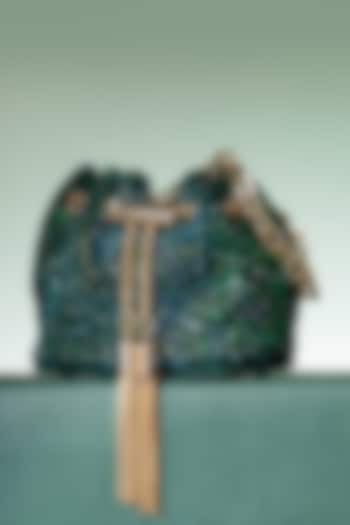 Green Velvet Crystal Work Mini Bucket Bag by House of BIO by Ritti Khanna at Pernia's Pop Up Shop