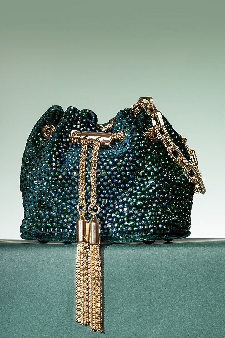 Green Velvet Crystal Work Mini Bucket Bag by House of BIO by Ritti Khanna at Pernia's Pop Up Shop