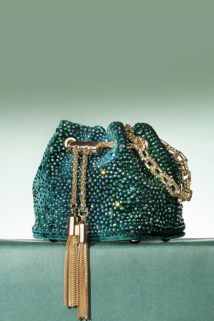 Green Velvet Crystal Work Mini Bucket Bag by House of BIO by Ritti Khanna at Pernia's Pop Up Shop