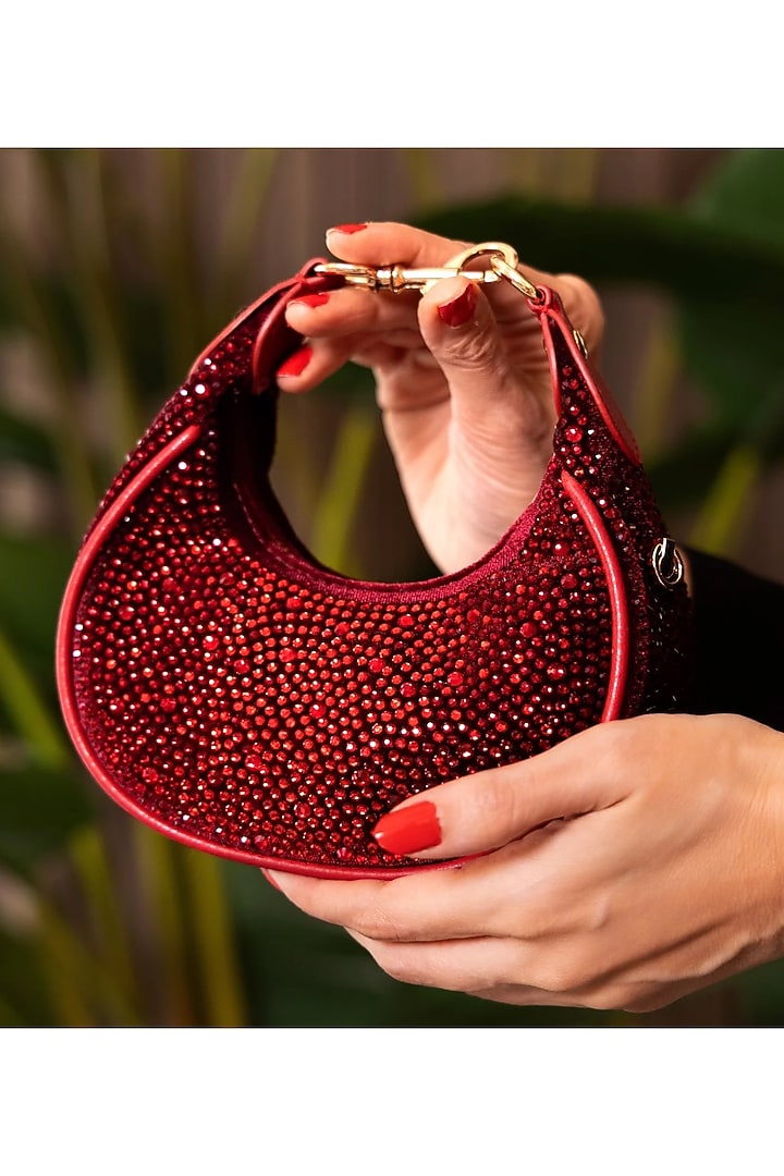 Red Velvet Crystal Work Moon-Shaped Bag by House of BIO by Ritti Khanna at Pernia's Pop Up Shop