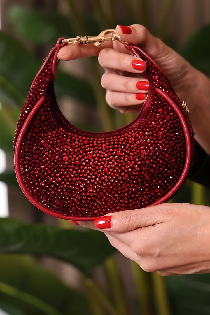 Red Velvet Crystal Work Moon-Shaped Bag by House of BIO by Ritti Khanna at Pernia's Pop Up Shop