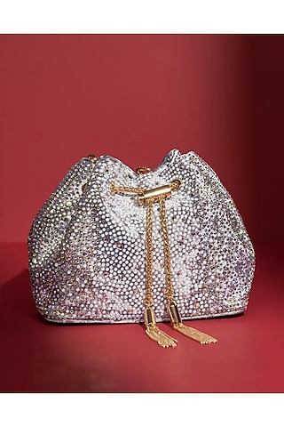 Silver Velvet Crystal Work Bucket Bag by House of BIO by Ritti Khanna
