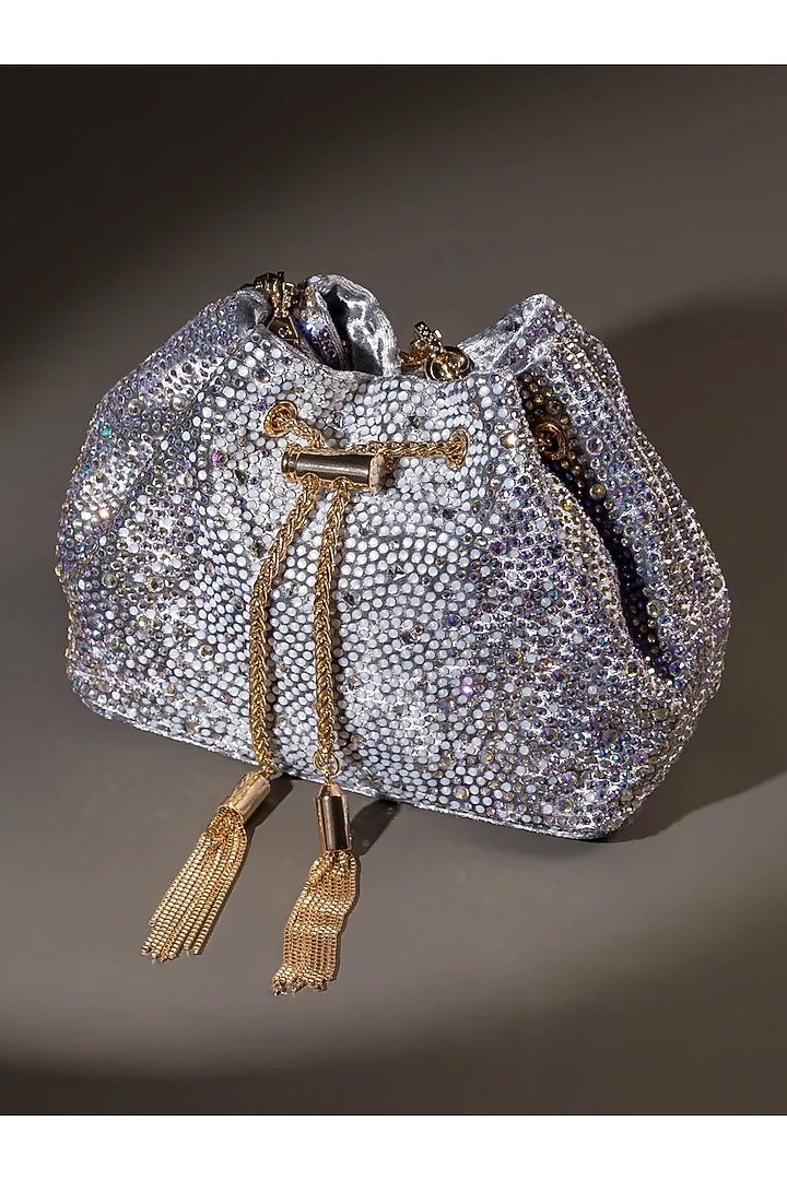 Silver Velvet Crystal Work Bucket Bag by House of BIO by Ritti Khanna at Pernia's Pop Up Shop