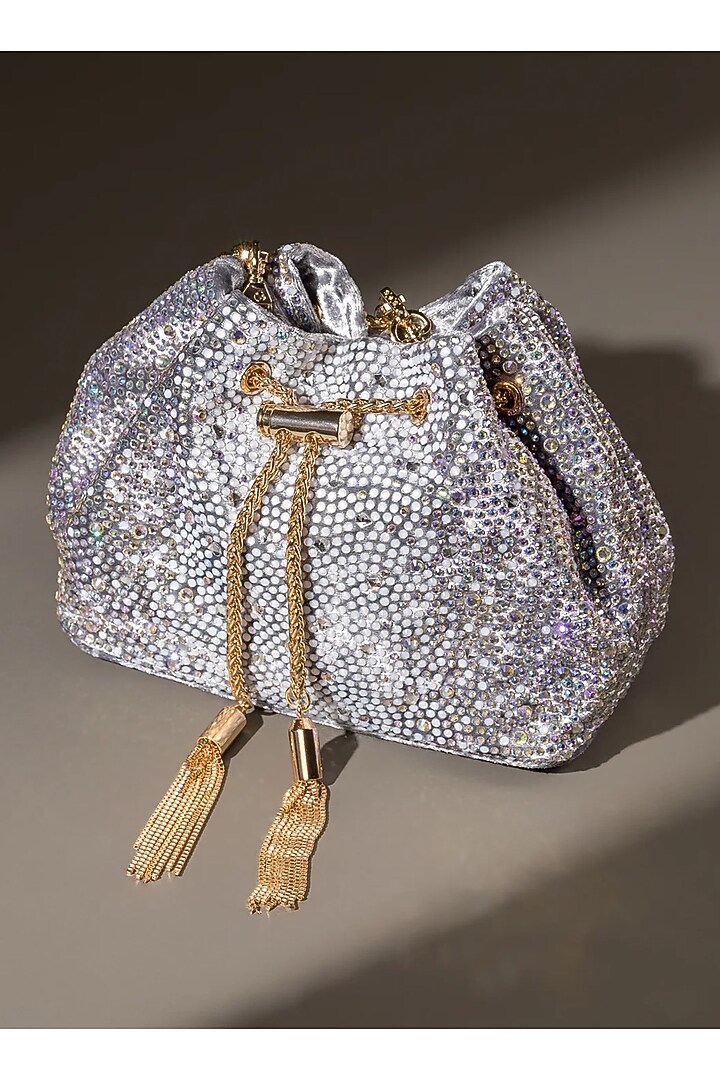 Silver Velvet Crystal Work Bucket Bag by House of BIO by Ritti Khanna at Pernia's Pop Up Shop