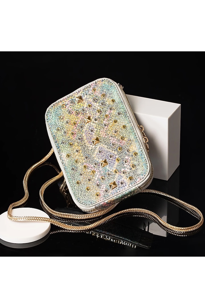 Gold PU Leather Stud Embellished Mobile Bag by House of BIO by Ritti Khanna at Pernia's Pop Up Shop