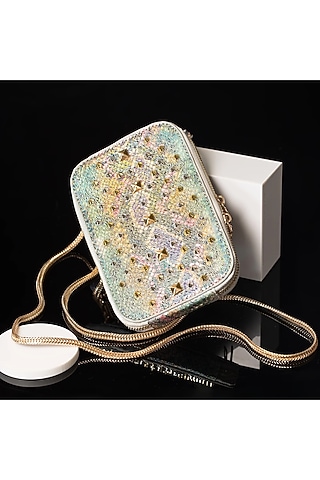 Gold PU Leather Stud Embellished Mobile Bag by House of BIO by Ritti Khanna