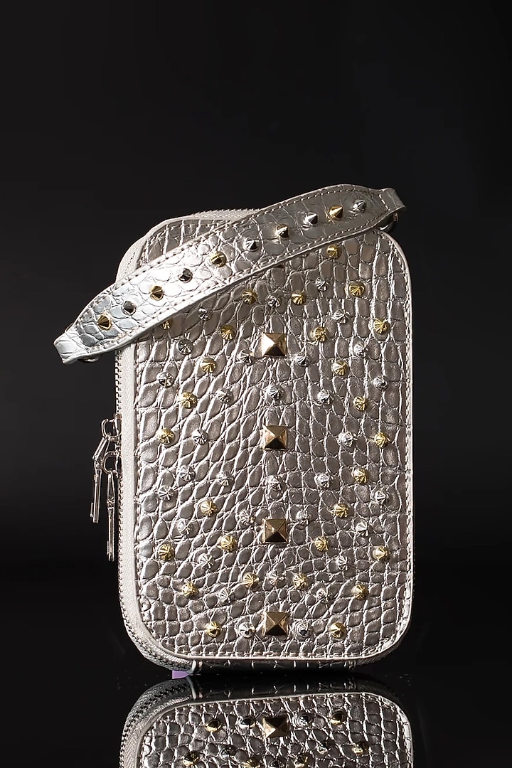 Silver PU Leather Stud Embellished Mobile Bag by House of BIO by Ritti Khanna at Pernia's Pop Up Shop