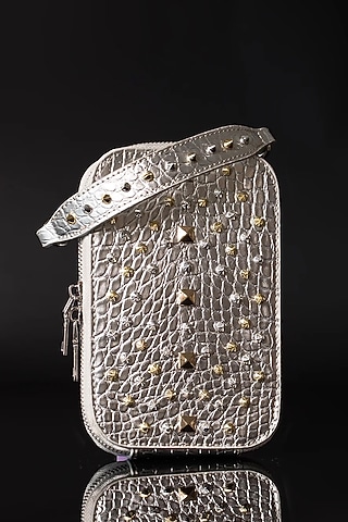 Silver PU Leather Stud Embellished Mobile Bag by House of BIO by Ritti Khanna