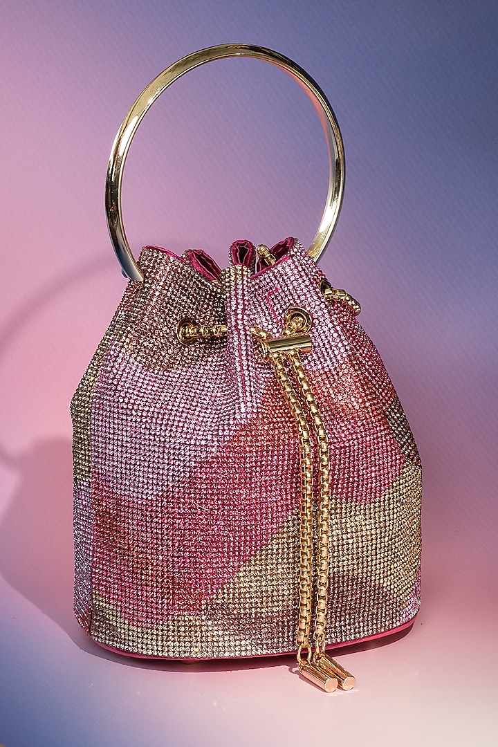 Pink Satin Crystal Embellished Bucket Bag by House of BIO by Ritti Khanna at Pernia's Pop Up Shop