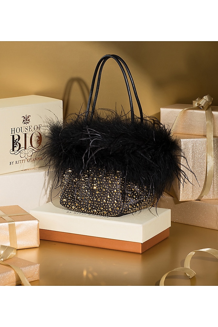 Black Satin Crystal Embellished & Feather Tote Bucket Bag by House of BIO by Ritti Khanna