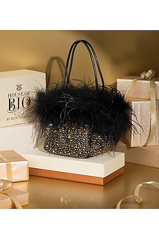 Black Satin Crystal Embellished & Feather Tote Bucket Bag by House of BIO by Ritti Khanna