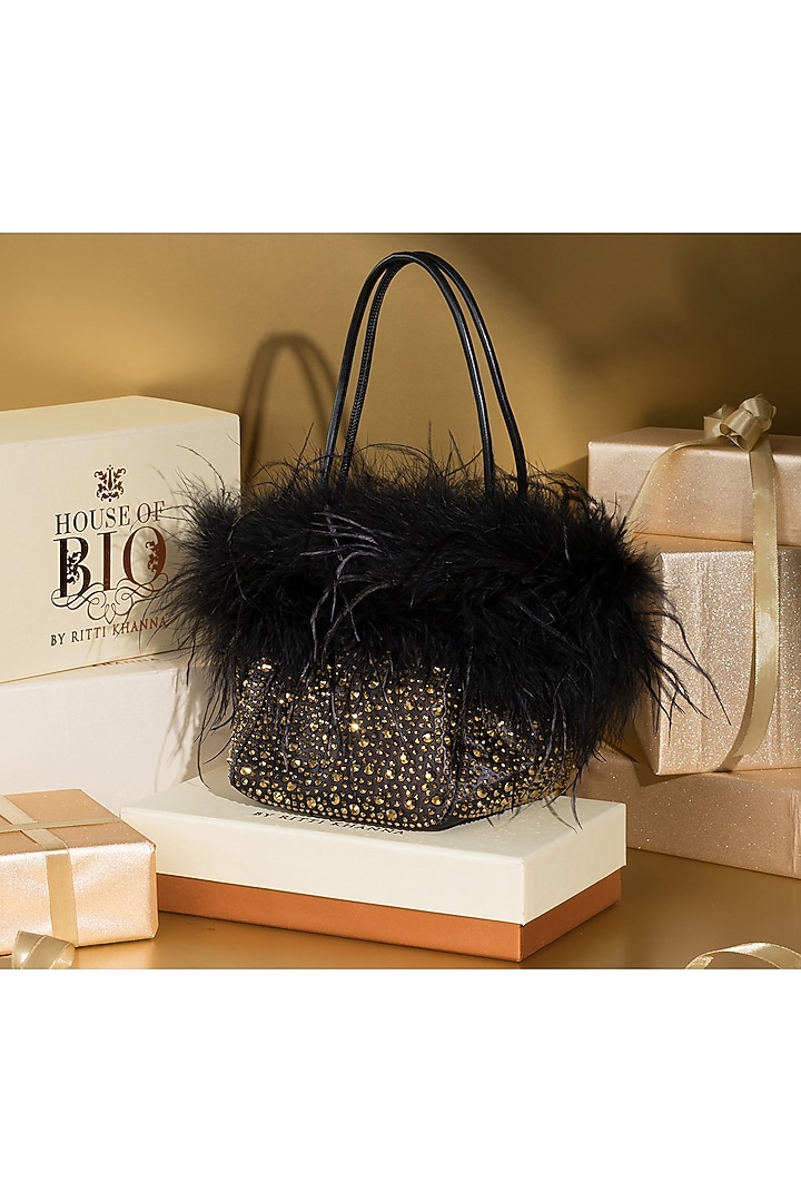 Black Satin Crystal Embellished & Feather Tote Bucket Bag by House of BIO by Ritti Khanna at Pernia's Pop Up Shop