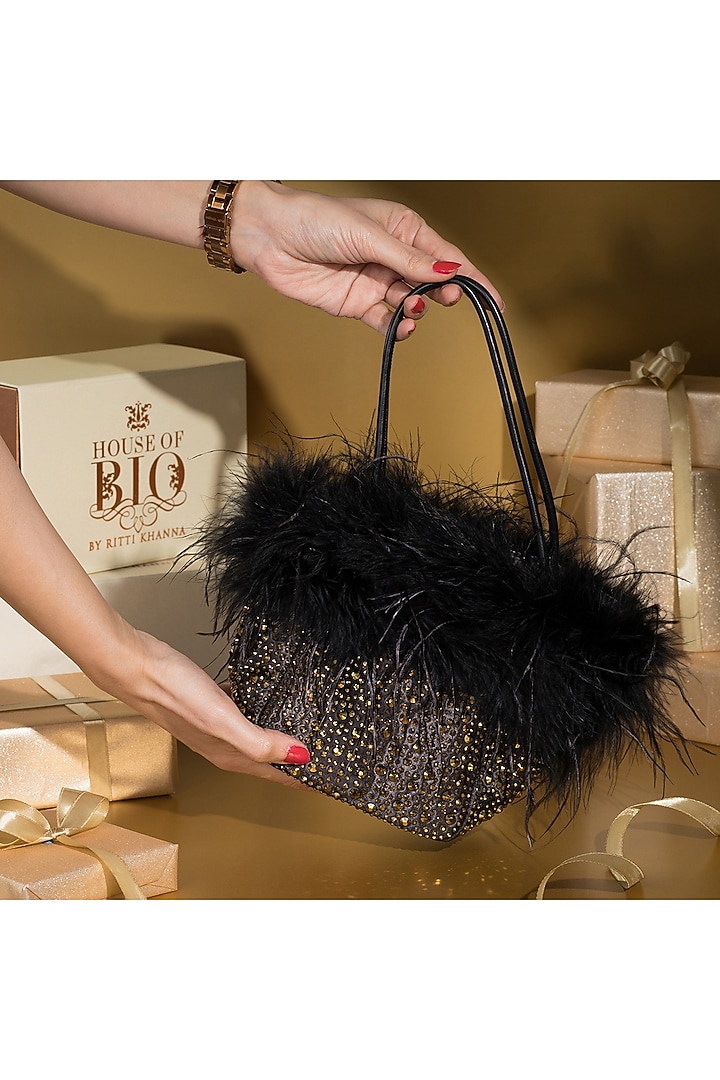 Black Satin Crystal Embellished & Feather Tote Bucket Bag by House of BIO by Ritti Khanna at Pernia's Pop Up Shop