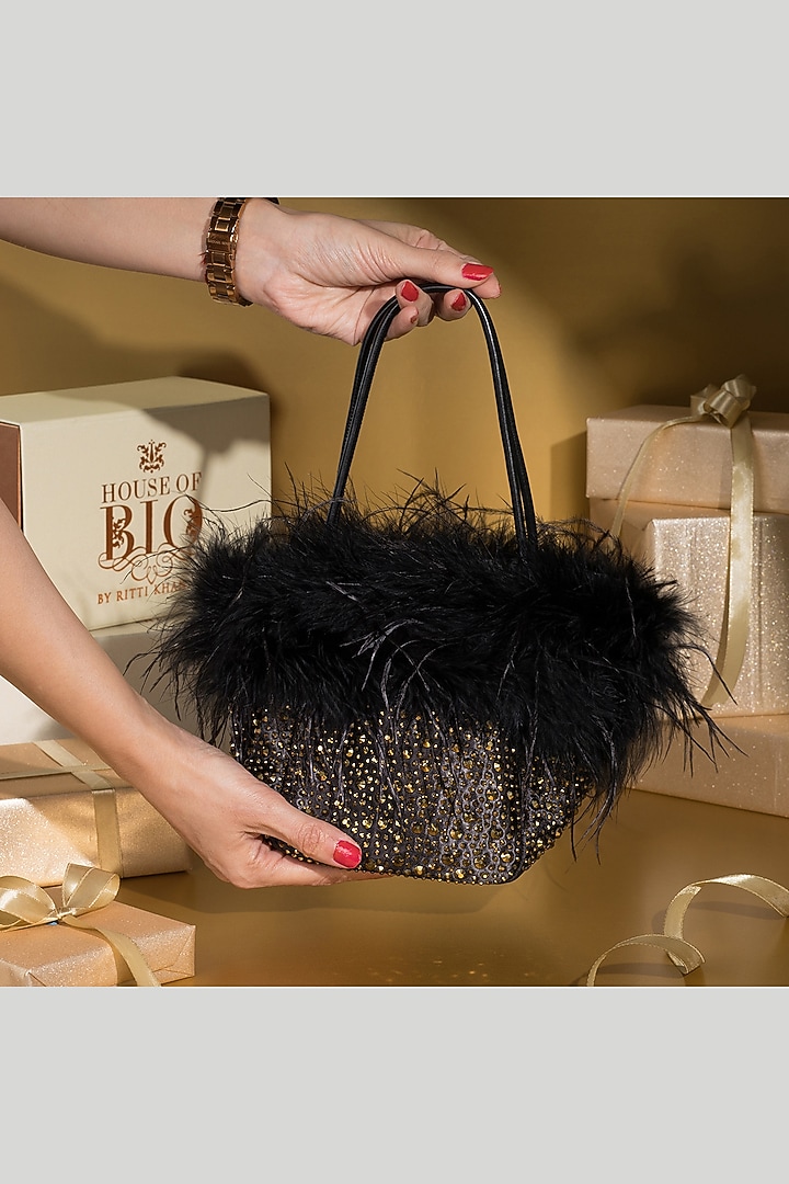 Black Satin Crystal Embellished & Feather Tote Bucket Bag by House of BIO by Ritti Khanna at Pernia's Pop Up Shop