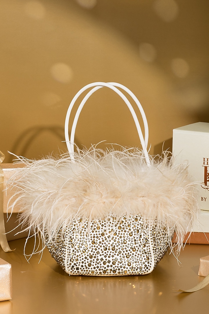 Gold Satin Crystal Embellished & Feather Tote Bucket Bag by House of BIO by Ritti Khanna at Pernia's Pop Up Shop