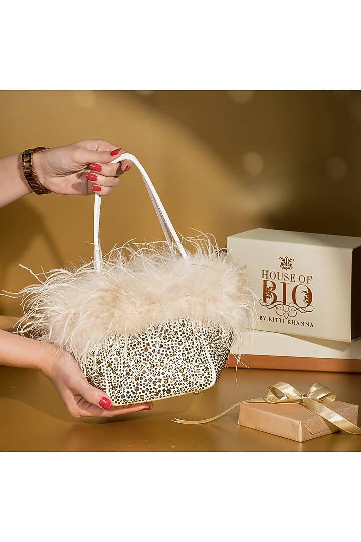 Gold Satin Crystal Embellished & Feather Tote Bucket Bag by House of BIO by Ritti Khanna at Pernia's Pop Up Shop