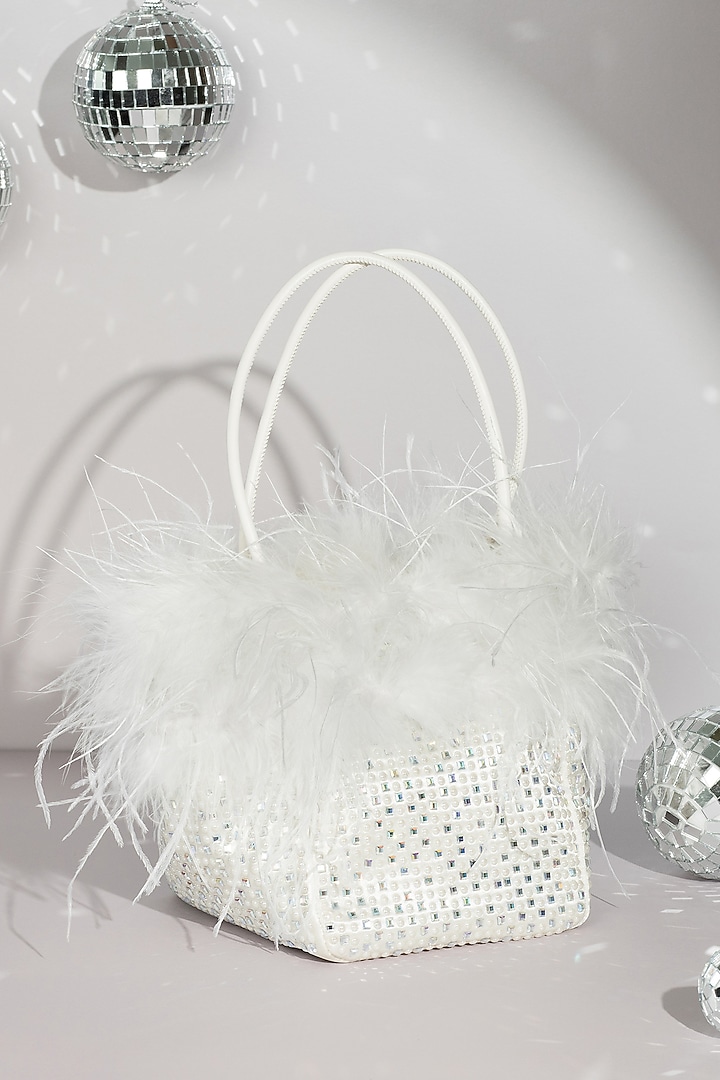 White Satin Crystal & Pearl Embellished Tote Bucket Bag by House of BIO by Ritti Khanna