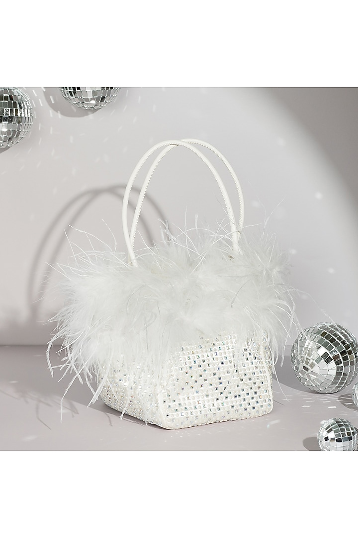 White Satin Crystal & Pearl Embellished Tote Bucket Bag by House of BIO by Ritti Khanna at Pernia's Pop Up Shop