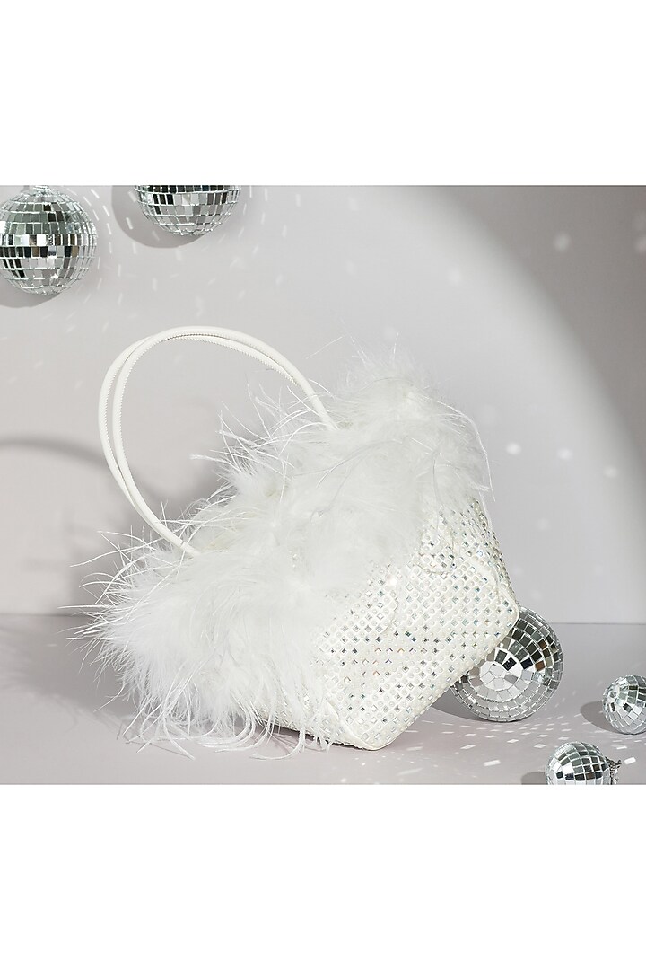 White Satin Crystal & Pearl Embellished Tote Bucket Bag by House of BIO by Ritti Khanna at Pernia's Pop Up Shop