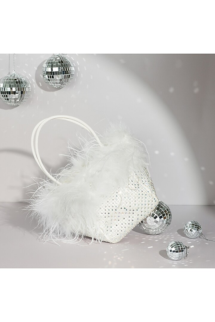 White Satin Crystal & Pearl Embellished Tote Bucket Bag by House of BIO by Ritti Khanna at Pernia's Pop Up Shop