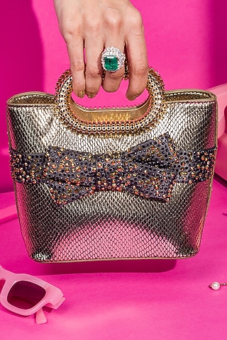 Black Satin Crystal Embellished Tote Bag by House of BIO by Ritti Khanna