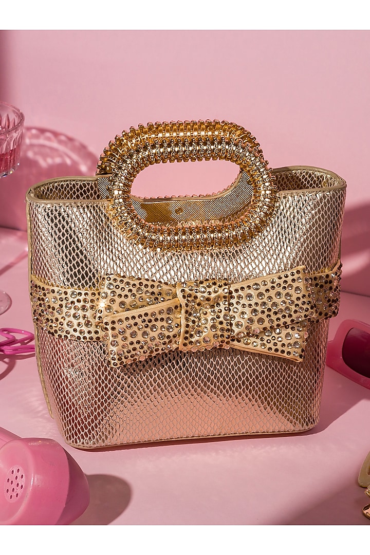 Gold Satin Crystal Embellished Tote Bag by House of BIO by Ritti Khanna