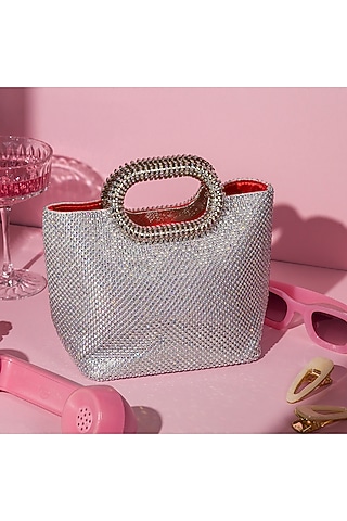Silver Satin Crystal Embellished Tote Bag by House of BIO by Ritti Khanna