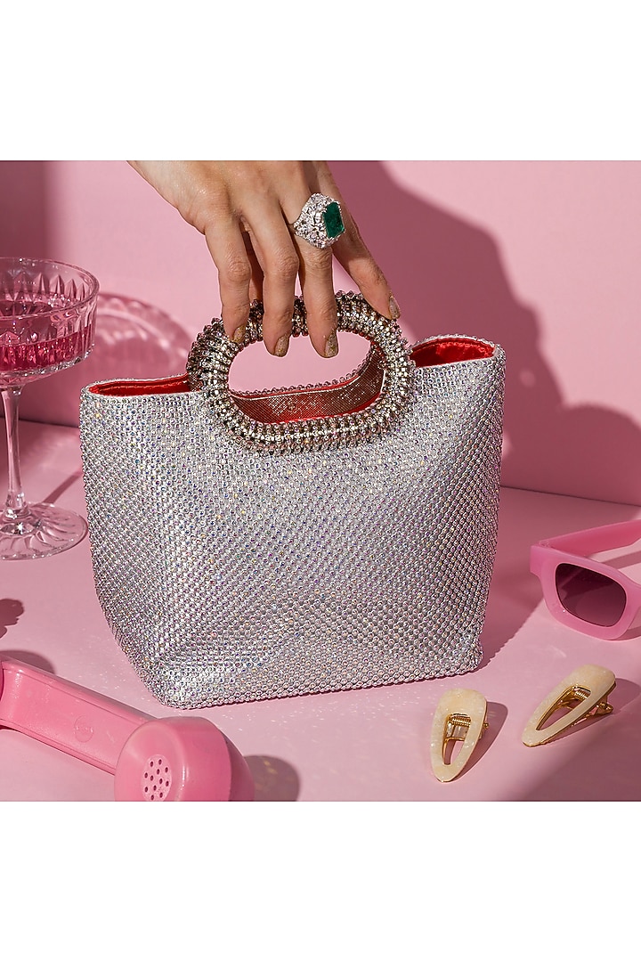 Silver Satin Crystal Embellished Tote Bag by House of BIO by Ritti Khanna at Pernia's Pop Up Shop